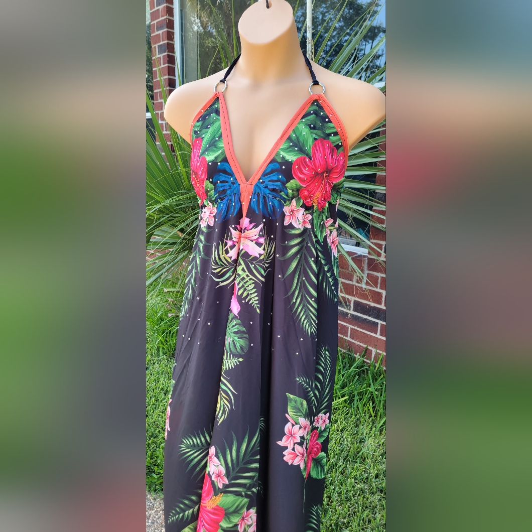 Celina Black W/ Tropical Print Rhinestone Embellished Halter Maxi Beach Coverup